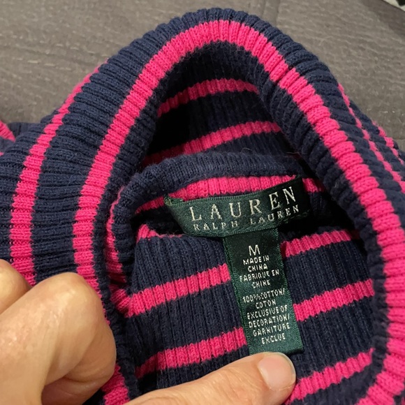 LAUREN RALPH LAUREN Fuchsia & Navy Blue Striped Turtleneck Sweater Size Medium - Picture 5 of 6